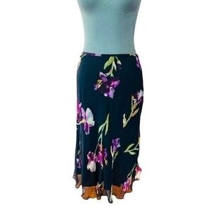 TESS Iris Floral Silk Skirt S 10 Black Multicolor Sheer Midi Skirt Lightweight